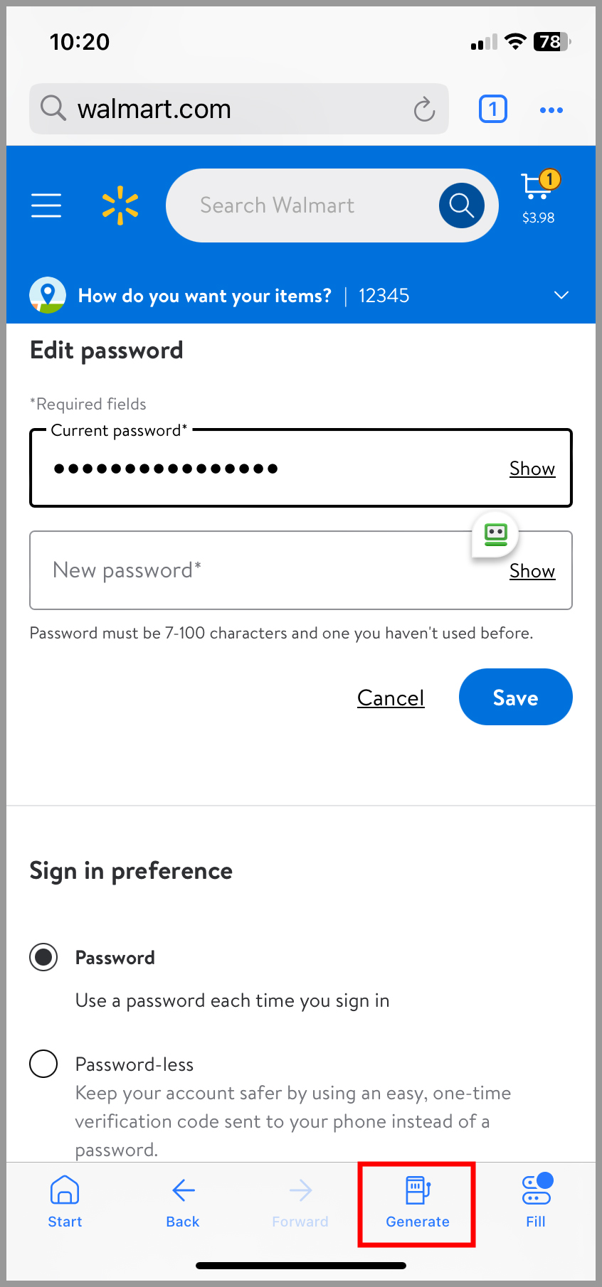 Mobile screen showing Walmart password update form with 'Generate' button highlighted at the bottom.