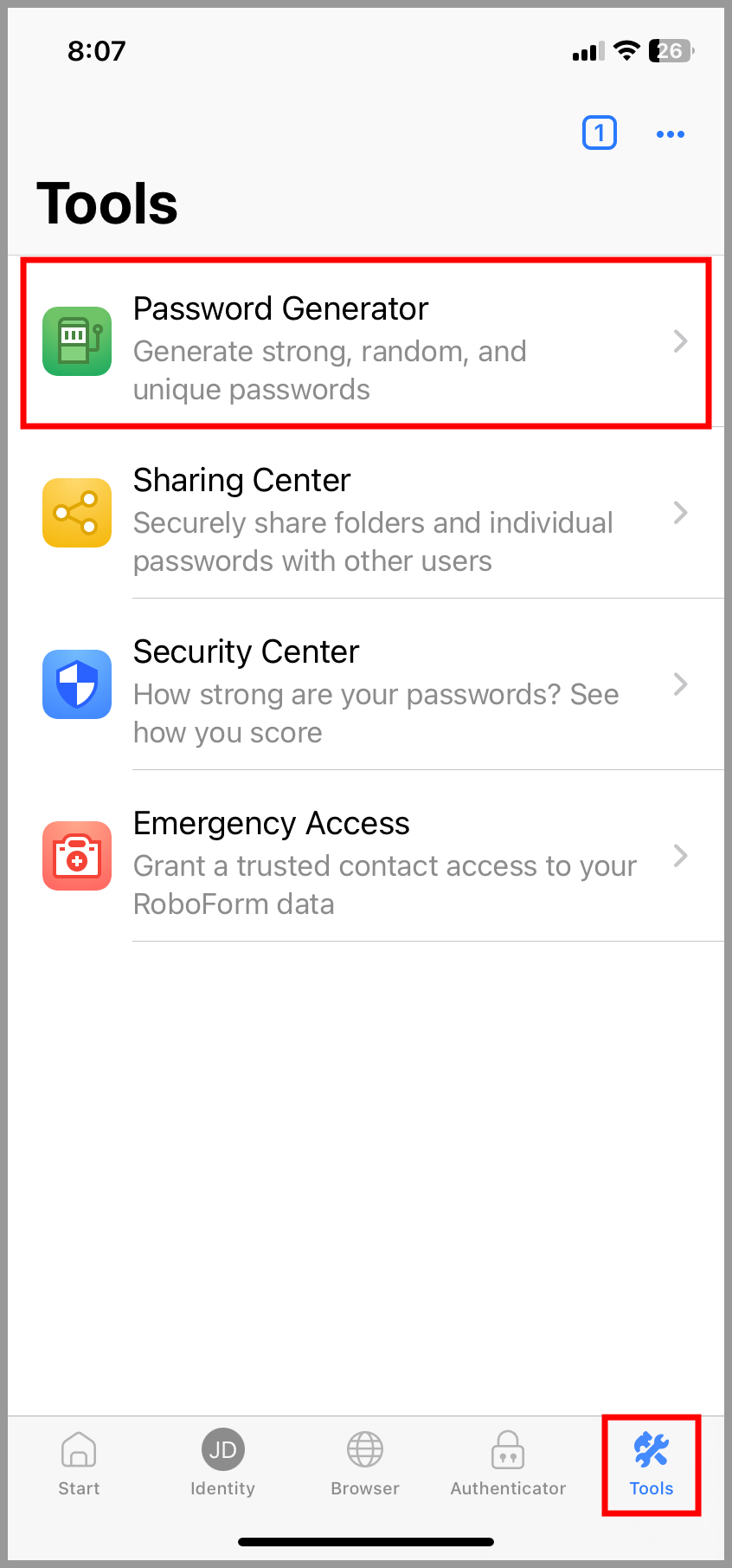 'Password Generator' option highlighted under the 'Tools' tab.