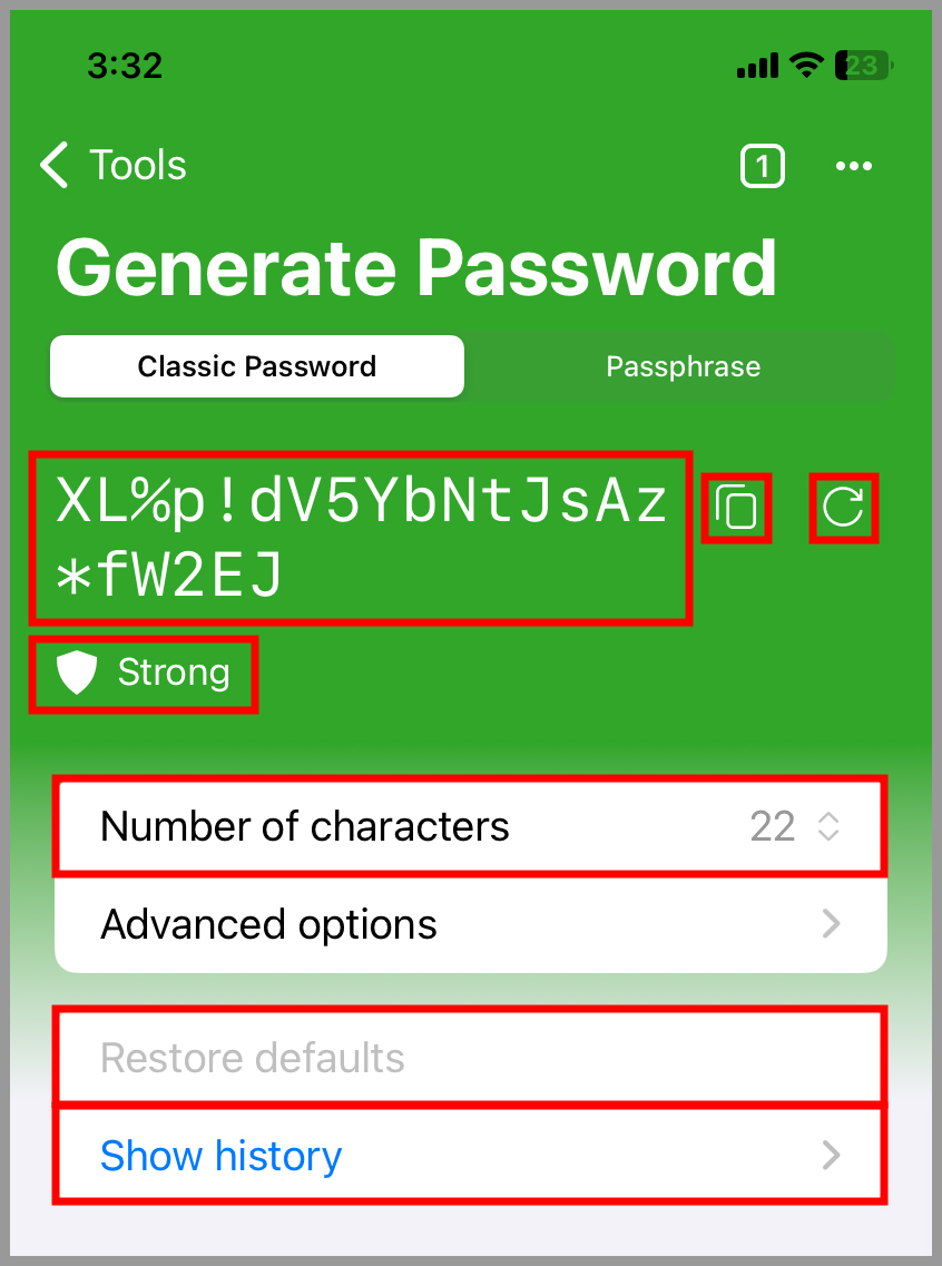 Password generator displaying a generated strong password with custom options to copy or regenerate.