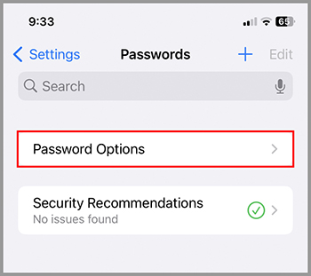 Password settings with 'Password Options' selected and security recommendations shown below.