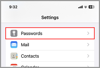 iOS Settings with 'Passwords' highlighted in the list of options.