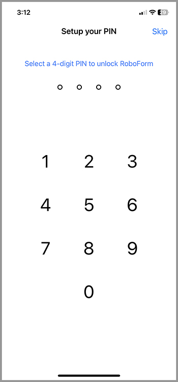 Creating a 4-digit PIN for account security in RoboForm.