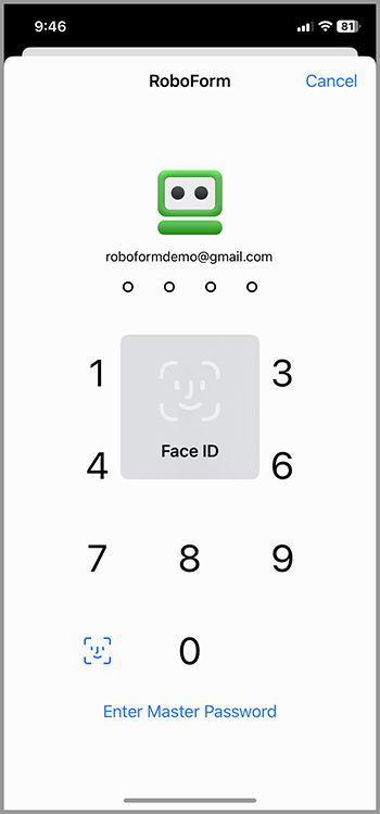 RoboForm login offering the option to authenticate using Face ID, a PIN, or by entering the master password manually.