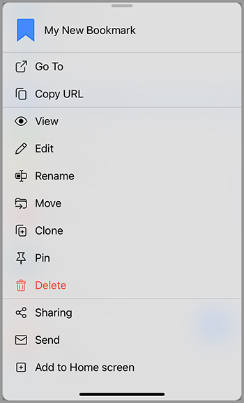 RoboForm screen showing bookmark information for 'My New Bookmark' with options to go to the URL, copy the URL, view, edit, rename, move, clone, pin, delete, share, send, or add to home screen.