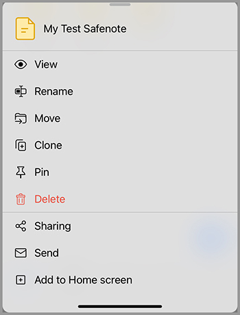 Safenote options menu with options like view, rename, move, pin, delete, and share for 'My Test Safenote.'