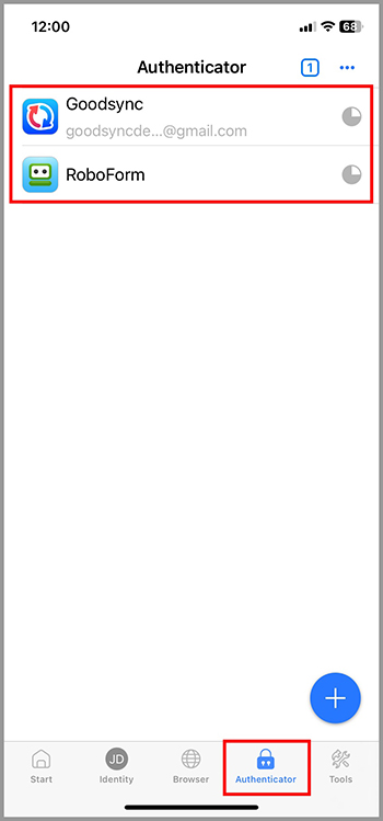 Authenticator tab with options for Goodsync and RoboForm accounts.