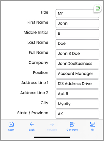 A form filled using RoboForm, showing personal details like name, company, and address.