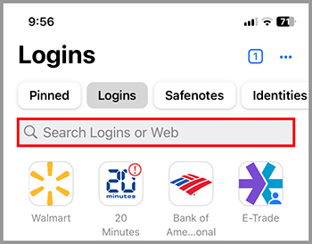 Search bar for logins or web entries, with saved logins for various websites like Walmart, 20 Minutes, and Bank of America.