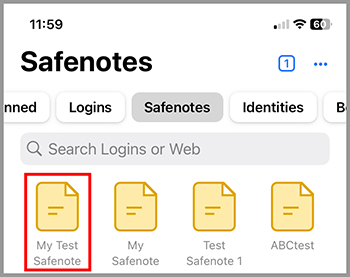 Safenotes tab showing multiple safenotes, including 'My Test Safenote,' with a search bar at the top.