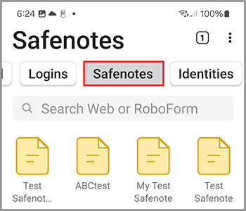 Safenotes tab showing multiple safenotes, including 'My Test Safenote,' with a search bar at the top.