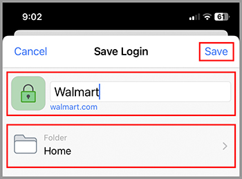 ‘Save Login' prompt for Walmart with an option to save in the 'Home' folder.