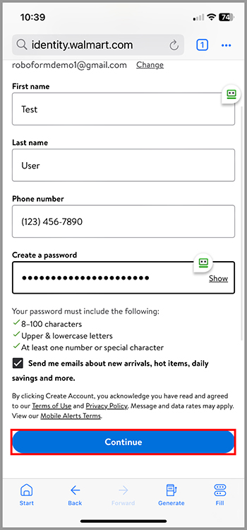 Mobile screen showing Walmart account creation form with a generated password filled in the 'Create a password' field.