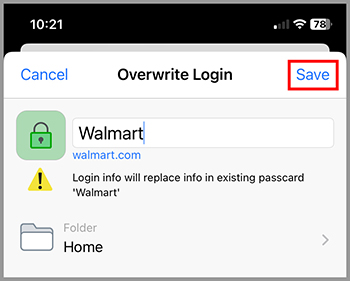 ‘'Overwrite Login' prompt for Walmart with a warning to replace existing login information.