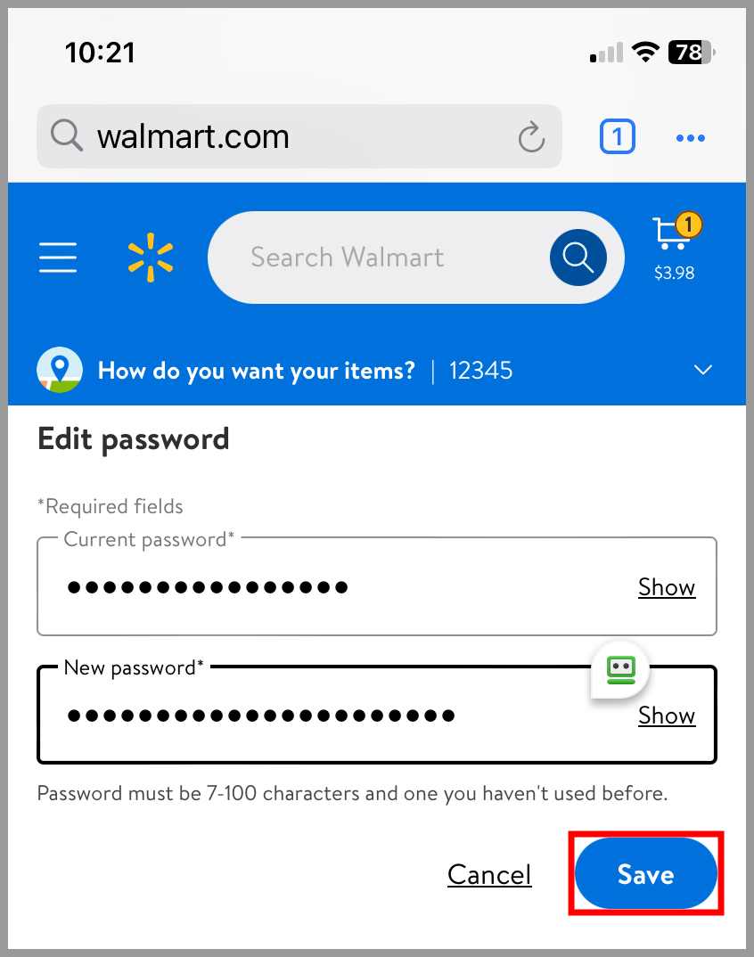 Walmart password update form with 'Save' button highlighted.