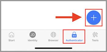 Authenticator tab with a plus button highlighted to add a new authentication code.