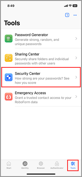 The Security Center in the Tools menu iOS.