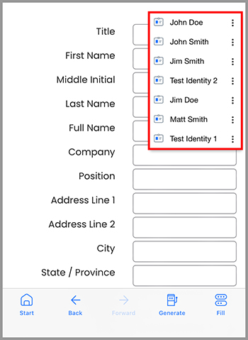 Name and avatar of "John Doe" displayed at the top of the identity screen with a dropdown arrow.