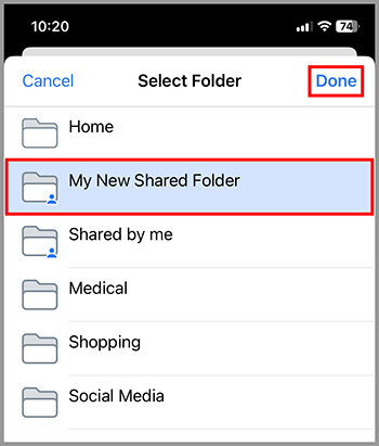 RoboForm folder selection screen with 'My New Shared Folder' highlighted and 'Done' button selected.