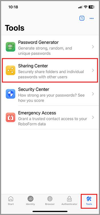 'Tools' tab with the 'Sharing Center' option highlighted for securely sharing folders and passwords.