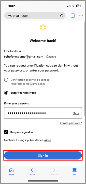 Sign-in page for Walmart, displaying options to enter the password or request a verification code for the user's account, with a blue 'Sign In' button at the bottom.