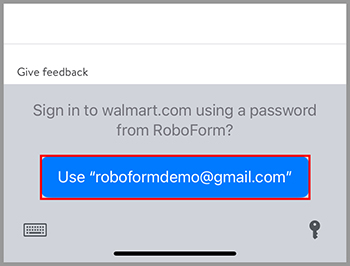 Prompt asking the user if they would like to sign in to walmart.com using a saved login from RoboForm, with a blue button showing the user's email.