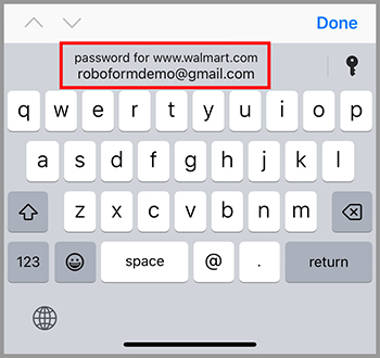 Password autofill suggestion for Walmart, displaying the saved email and password above the keyboard.