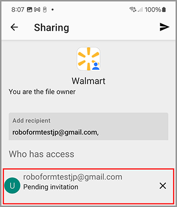 Sharing access error showing the recipient's email address and the status 'Not Received Yet.'