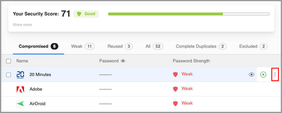 the 3 dots on the right of a compromised password in the Security Center.