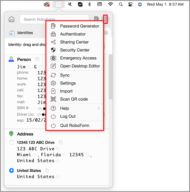 showing the available options in the 3 dots menu in the RoboForm menu bar icon.