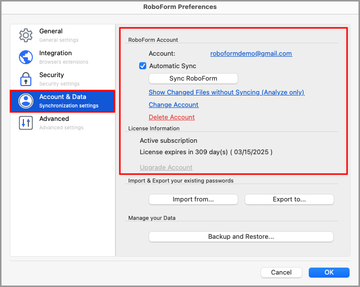 showing the Account & Data tab on the RoboForm Preferences page.