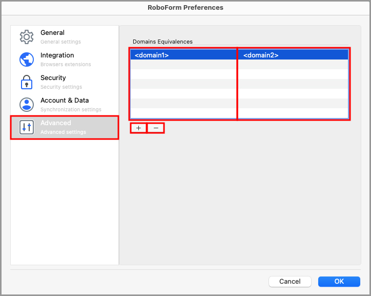 showing the Advanced tab on the RoboForm Preferences page.