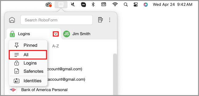 The All tab in the RoboForm menu bar icon’s menu.