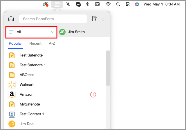 the All tab in the RoboForm menu bar icon.