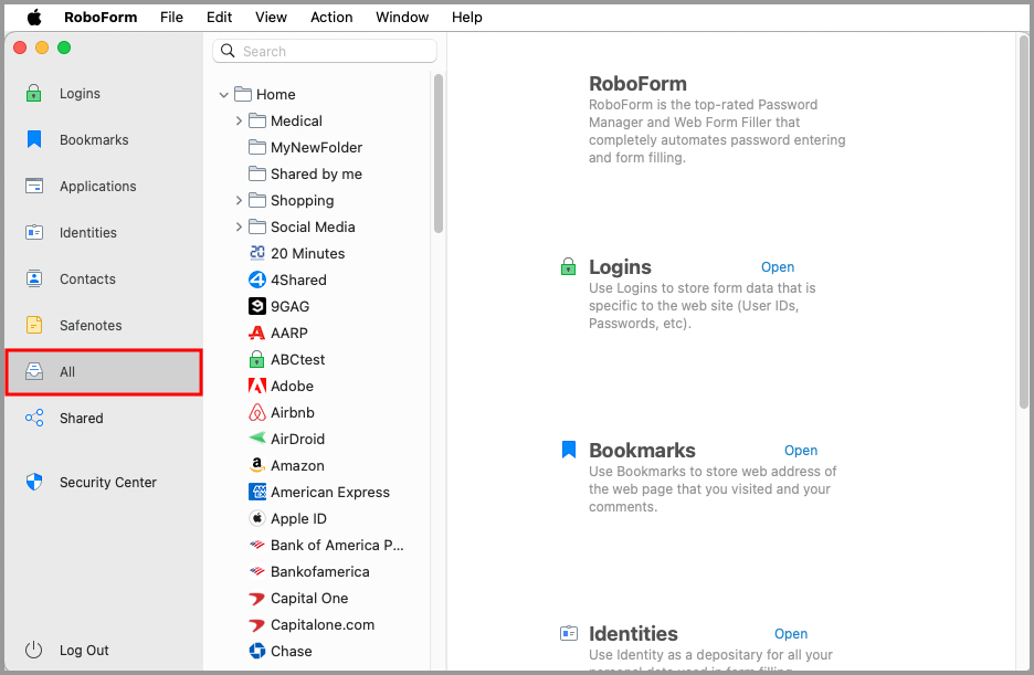 the All tab in the RoboForm editor.