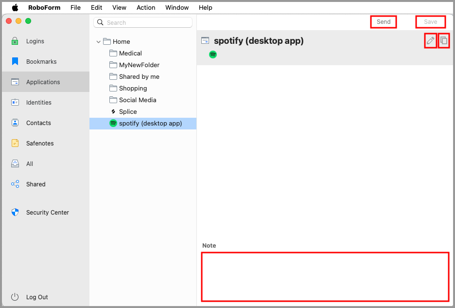 the available options for an application Login in the RoboForm editor.