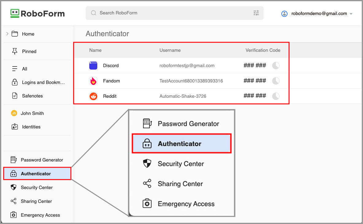 the Authenticator tab in the RoboForm Start Page.