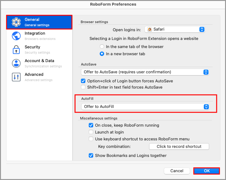 the offer to autofill option in the settings menu on RoboForm desktop.