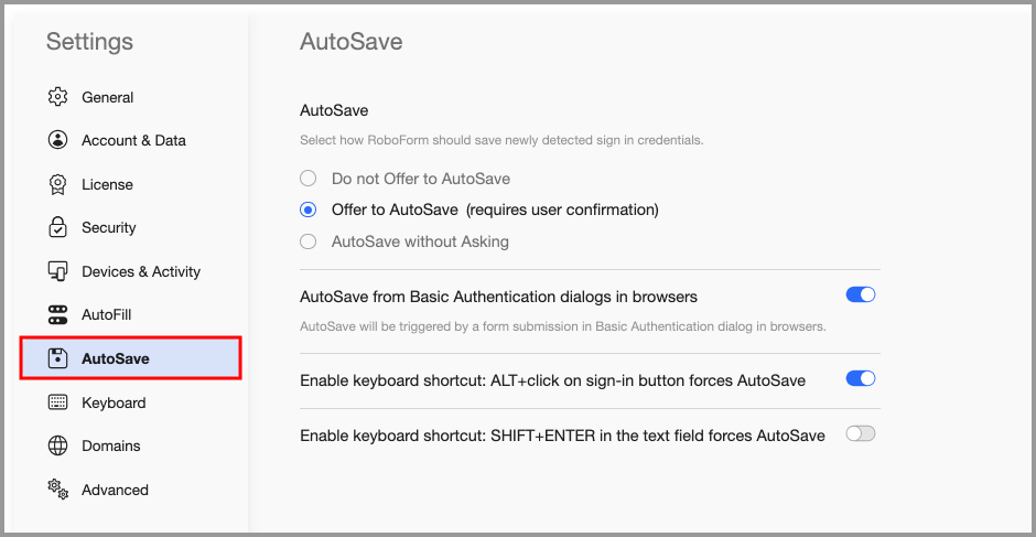 the AutoSave tab in the RoboForm Extension Settings menu.