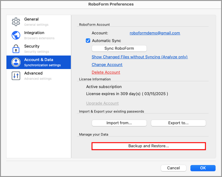 the Backup and Restore button on the Account & Data page in RoboForm Preferences.