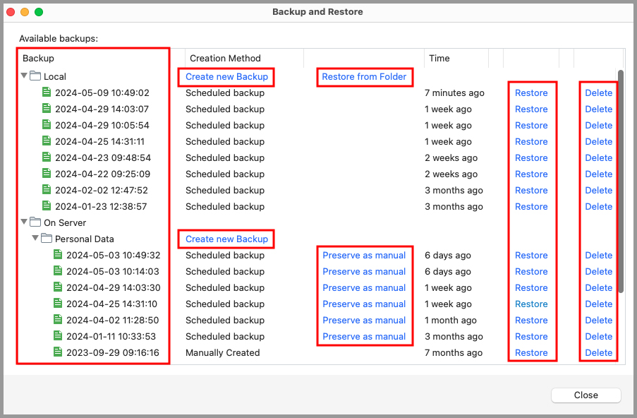 the Backup and Restore dialog.