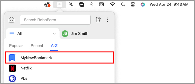 A Bookmark in the All tab in the RoboForm menu bar icon’s menu.