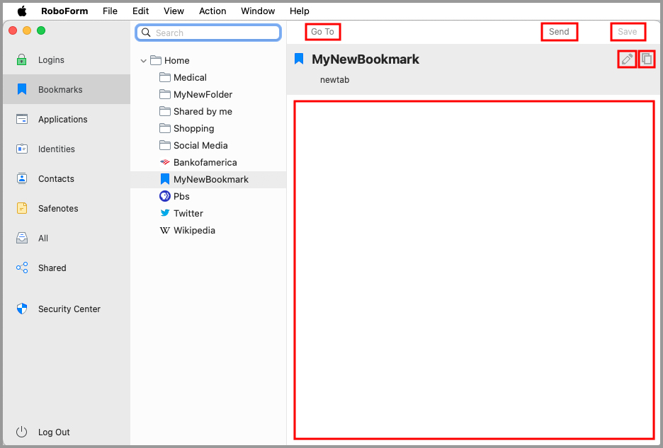 options for a Bookmark in the RoboForm editor.