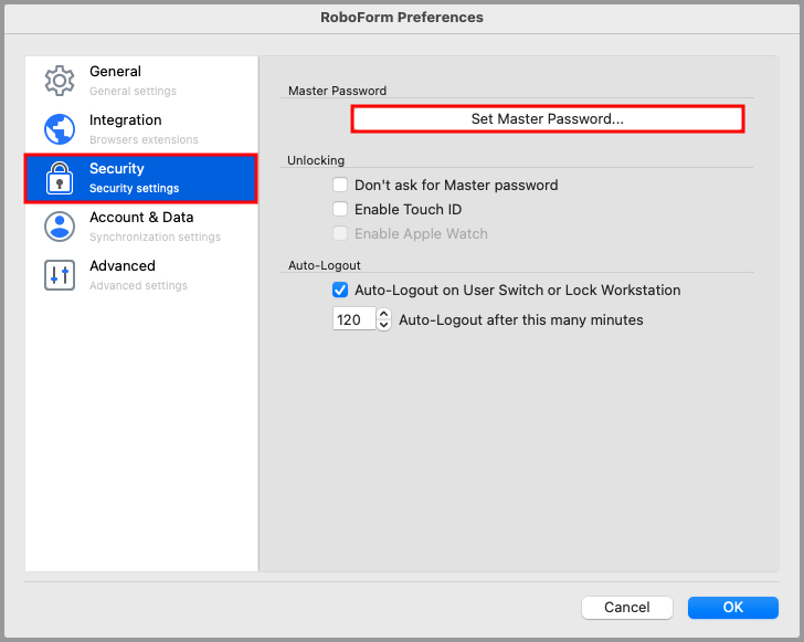 the Change Master Password button in the Security tab in RoboForm Preferences.