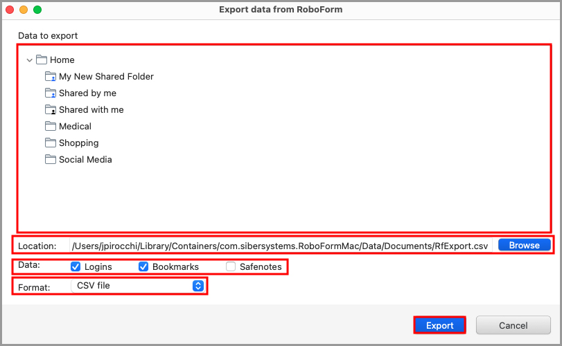 the Export data from RoboForm window.