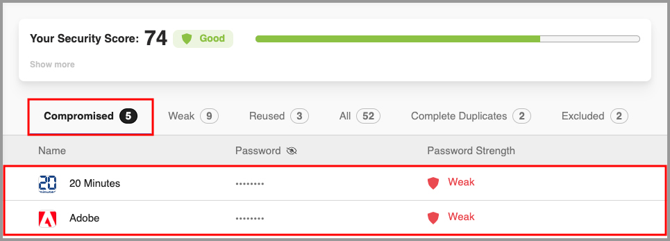 the compromised passwords tab in the Security Center on the Start Page.