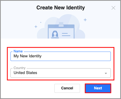 the Create New Identity window on the Start Page.