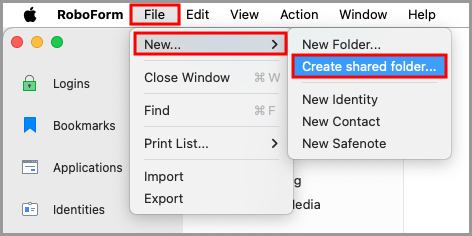 showing how to create a shared folder in the RoboForm editor.