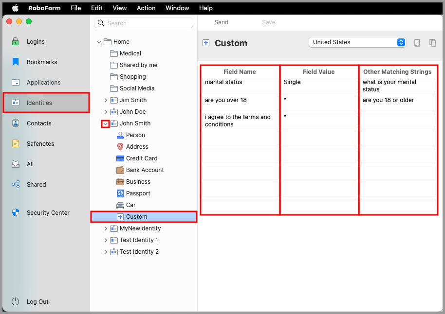 Custom Fields in the RoboForm editor.