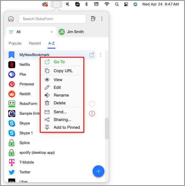 The available options for a Bookmark in the RoboForm menu bar icon’s menu.