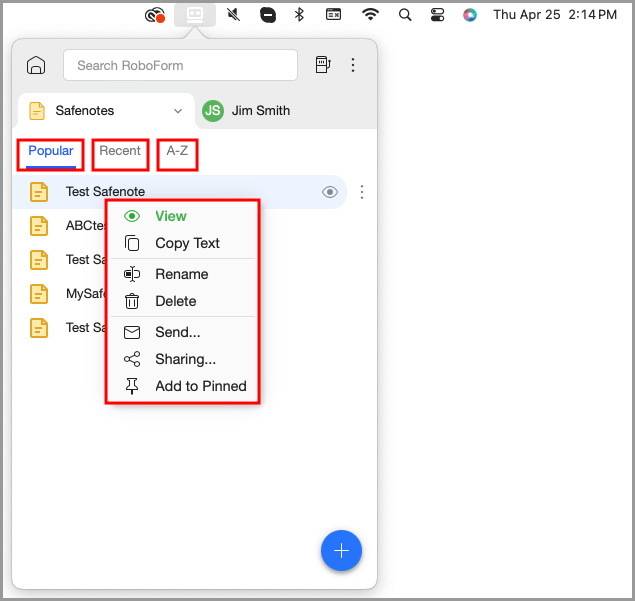 Showing filters and options for Safenotes in the RoboForm menu bar icon.